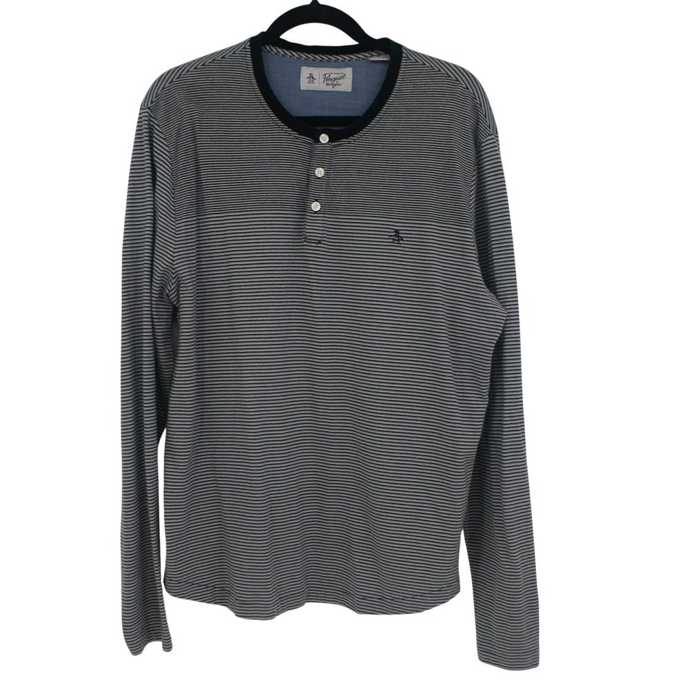 Original‎ Penguin Mens XL Henley Long Sleeve Striped Shirt Black White Logo